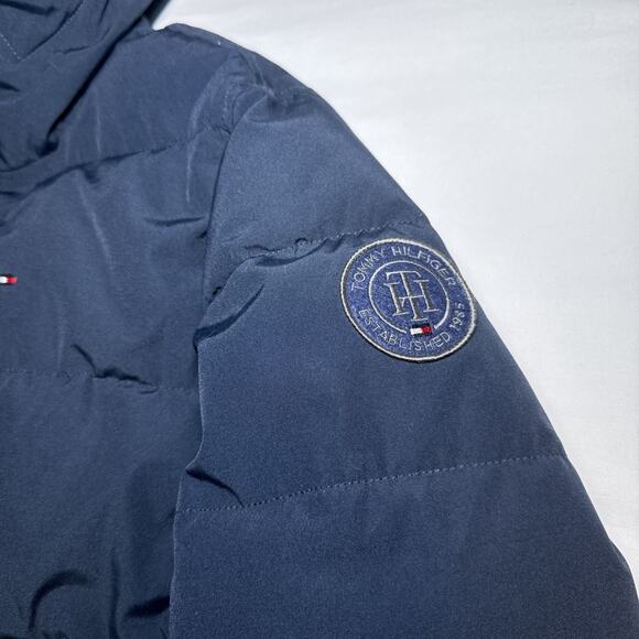 Tommy Hilfiger Mens Large Puffer Jacket Hooded Winter Coat Logo Patch Navy Blue - Picture 3 of 16